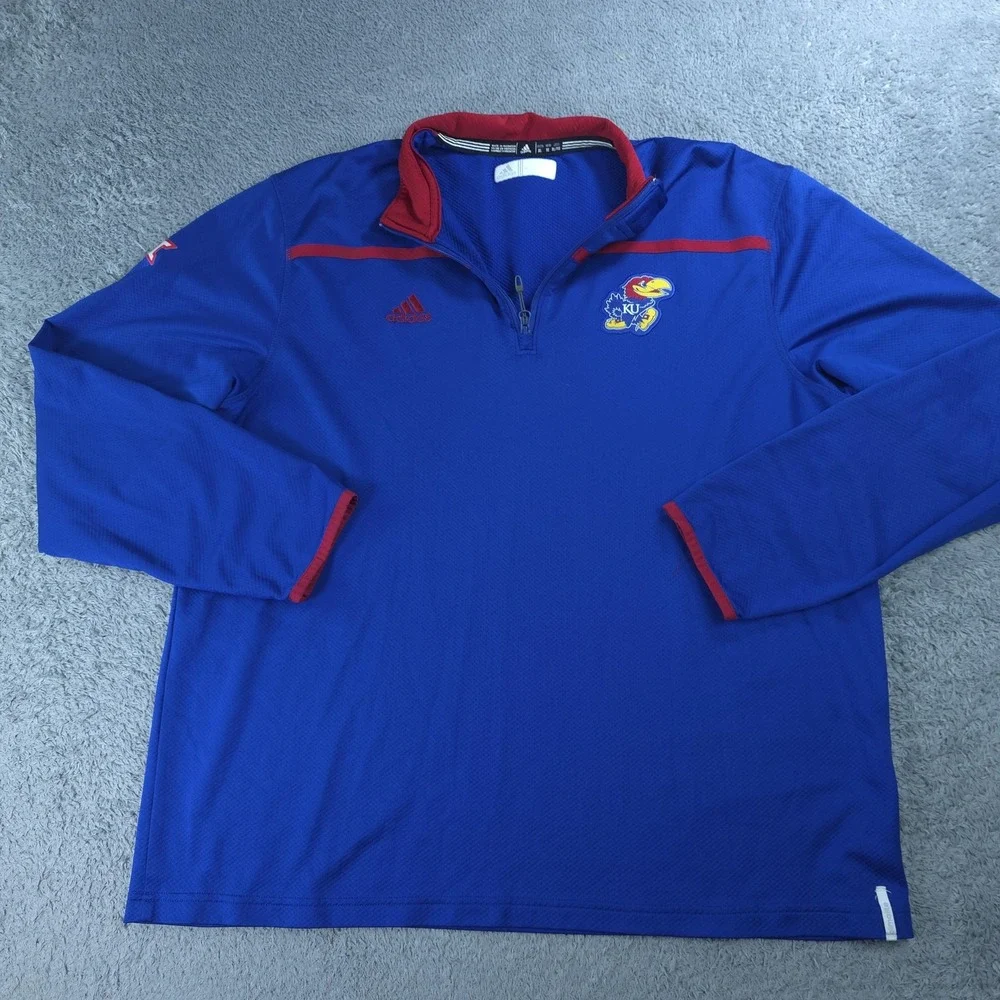 Kansas Jayhawks Shirt Mens XL Blue NCAA Basketball Adidas Climalite 1/4 Zip